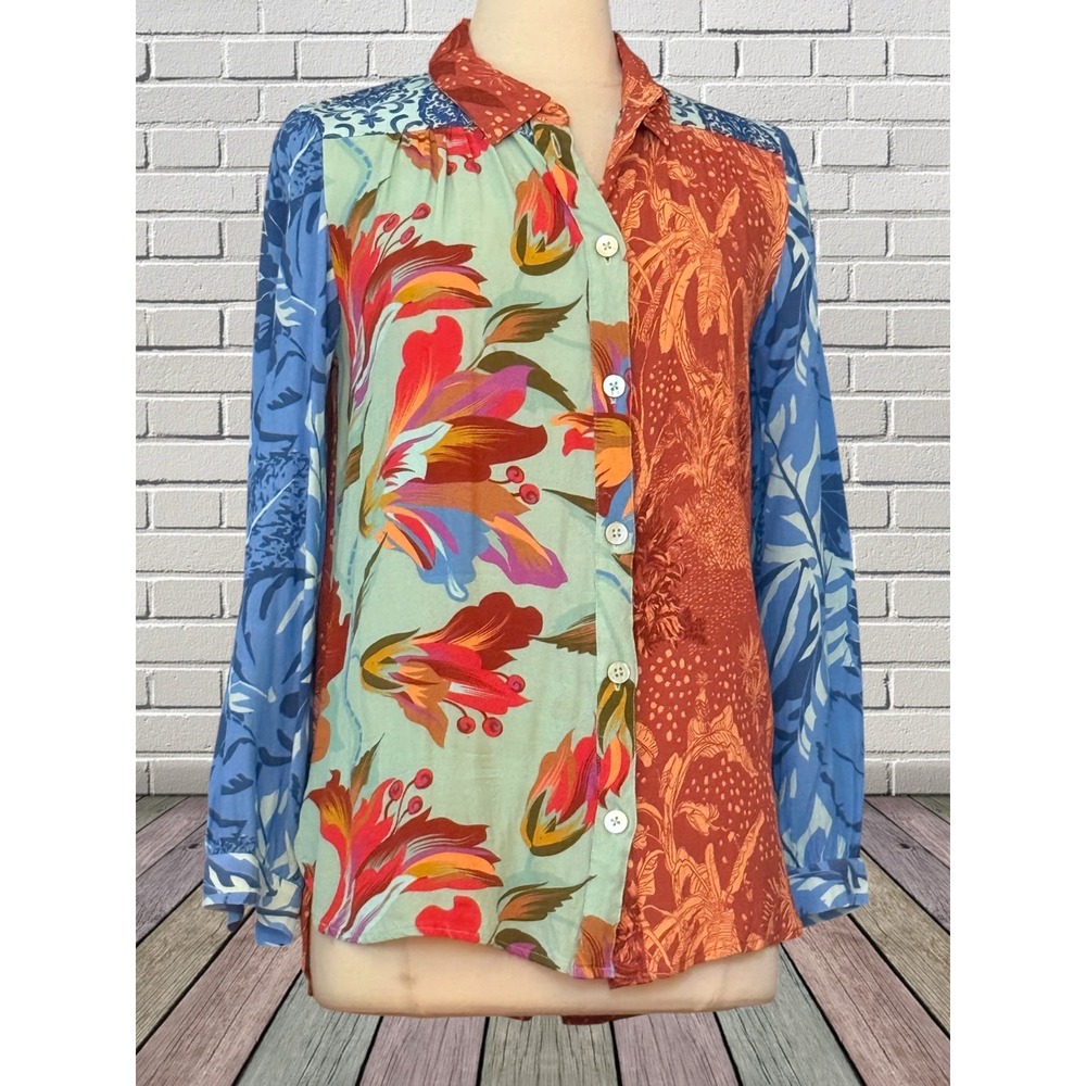 Soft Surroundings Hermosa Floral Colorblocked Top Sz M Blouse Boho Art to Wear